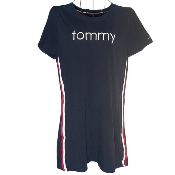 Tommy Hilfiger‎ Women's S Logo Tee Shirt Dress Navy Red Track Stripe Sporty - Picture 1 of 5